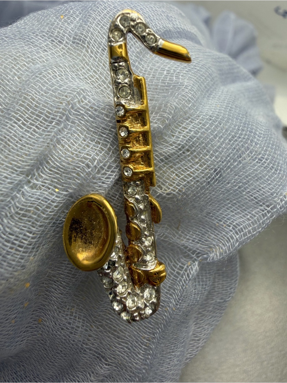 Vintage Carolee Gold and Rhinestone Saxophone Brooch #66sb